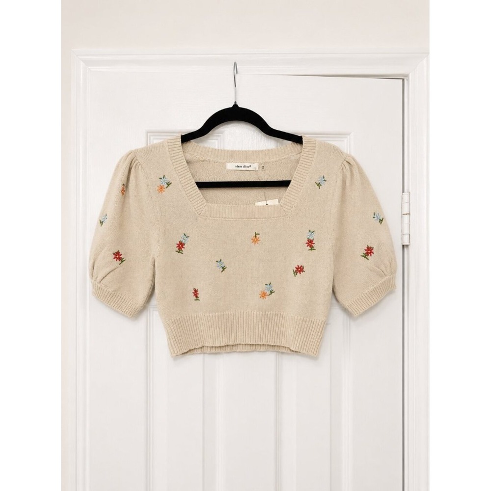 NWT Idem Ditto Floral Embroidered Crop Knit Sweater Coquette Cottagecore Small - Picture 2 of 2